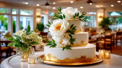Three Tier Wedding Cake With Gold Accents