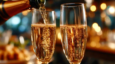 Champagne Being Poured Into Flute Glasses