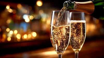 Champagne Being Poured Into Flute Glasses