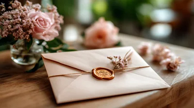 Elegant Pink Envelope With Wax Seal And Floral Decor