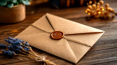Vintage Envelope With Wax Seal On Wooden Table