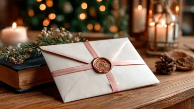 Elegant Envelope With Wax Seal On Wooden Table