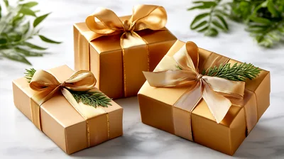 Three Gold Wrapped Christmas Gift Boxes