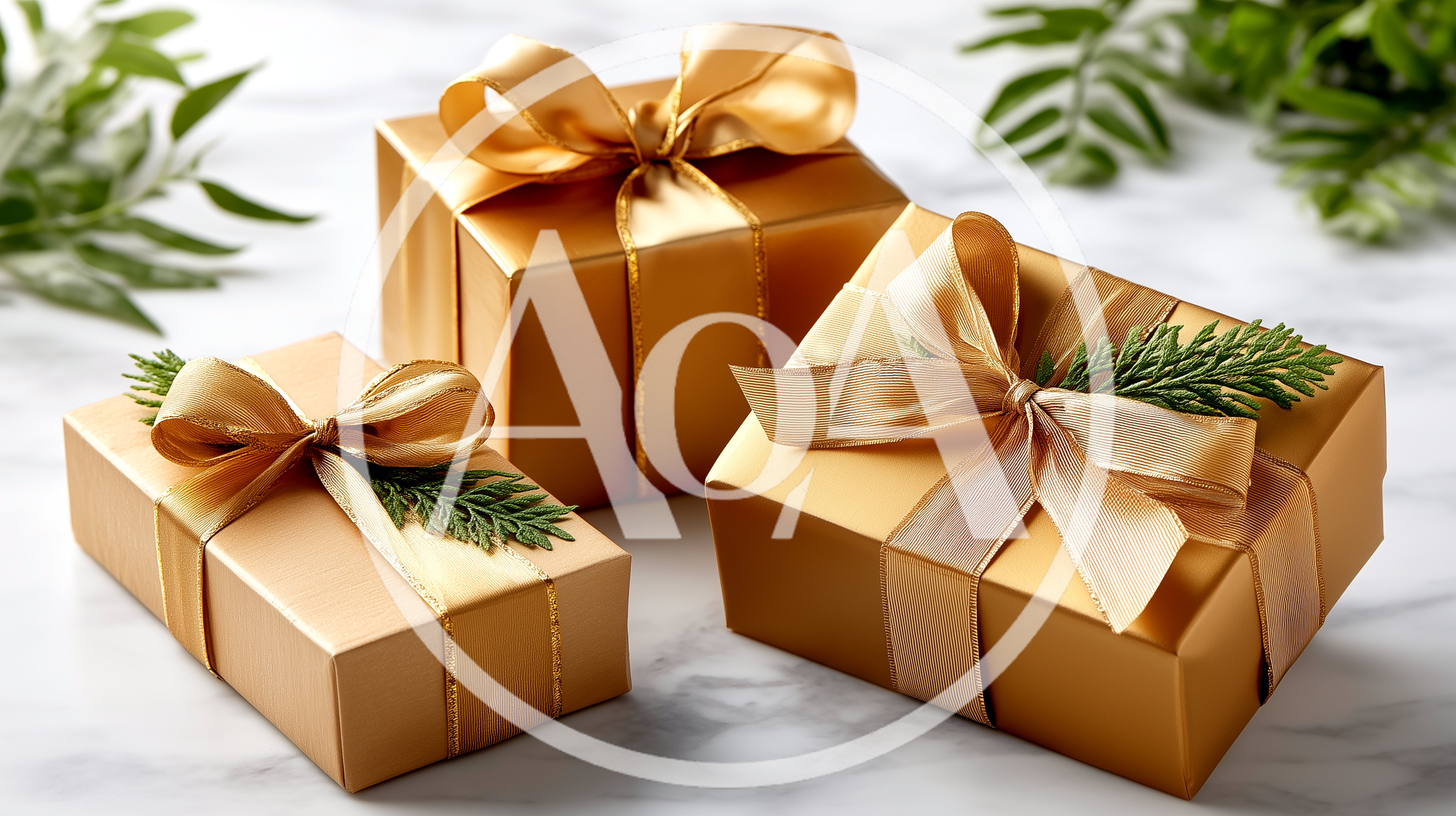 Three Gold Wrapped Christmas Gift Boxes