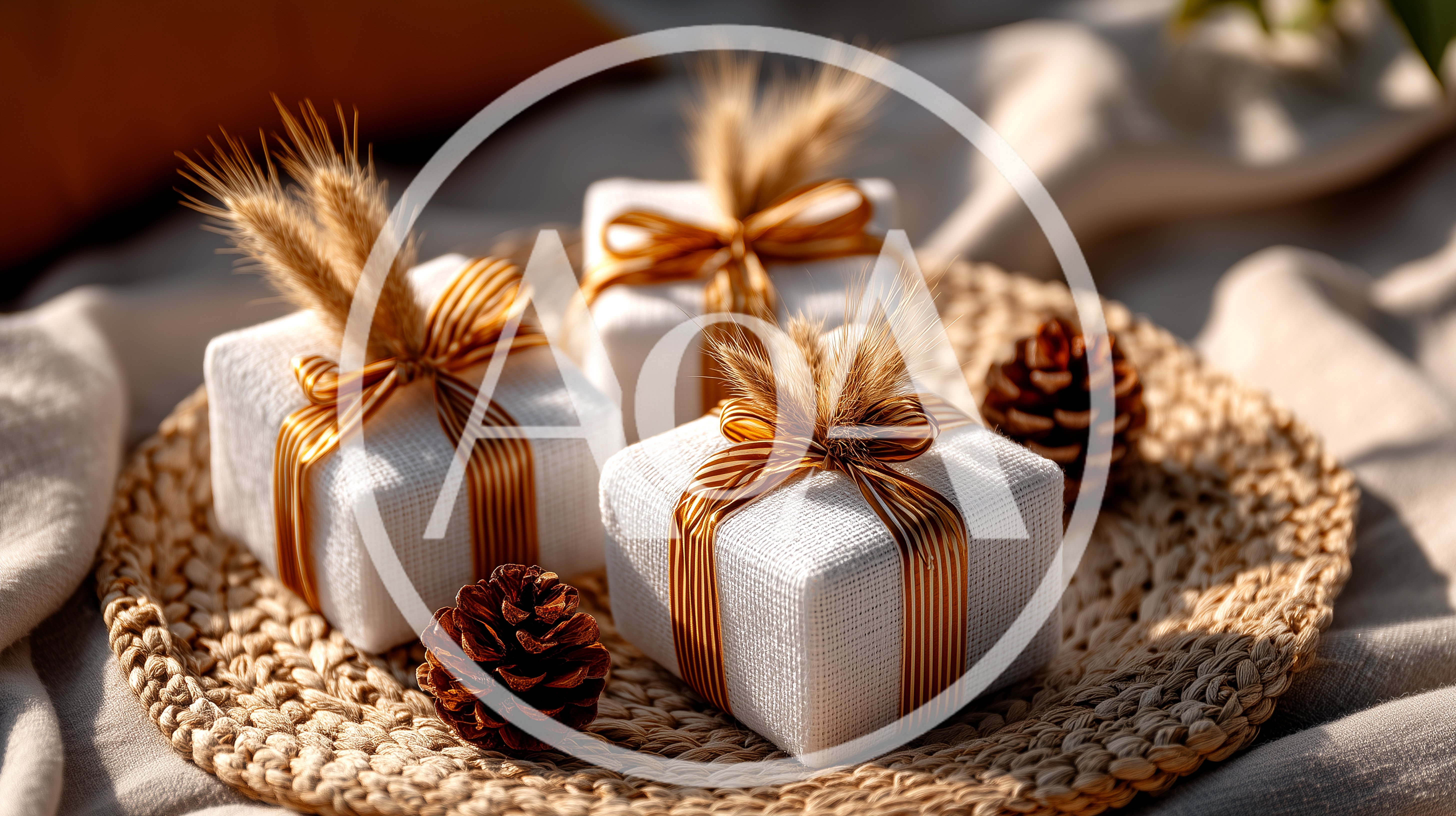 Three White Gift Boxes With Gold Ribbons