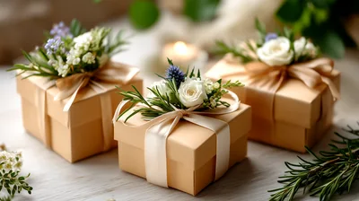 Three Elegant Gift Boxes Decorated With Fresh Flowers