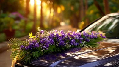 Wedding Car Decorated With Purple Flowers