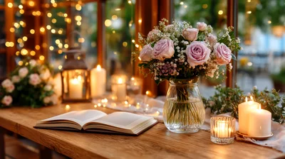 Open Book and Flower Bouquet on Wooden Table