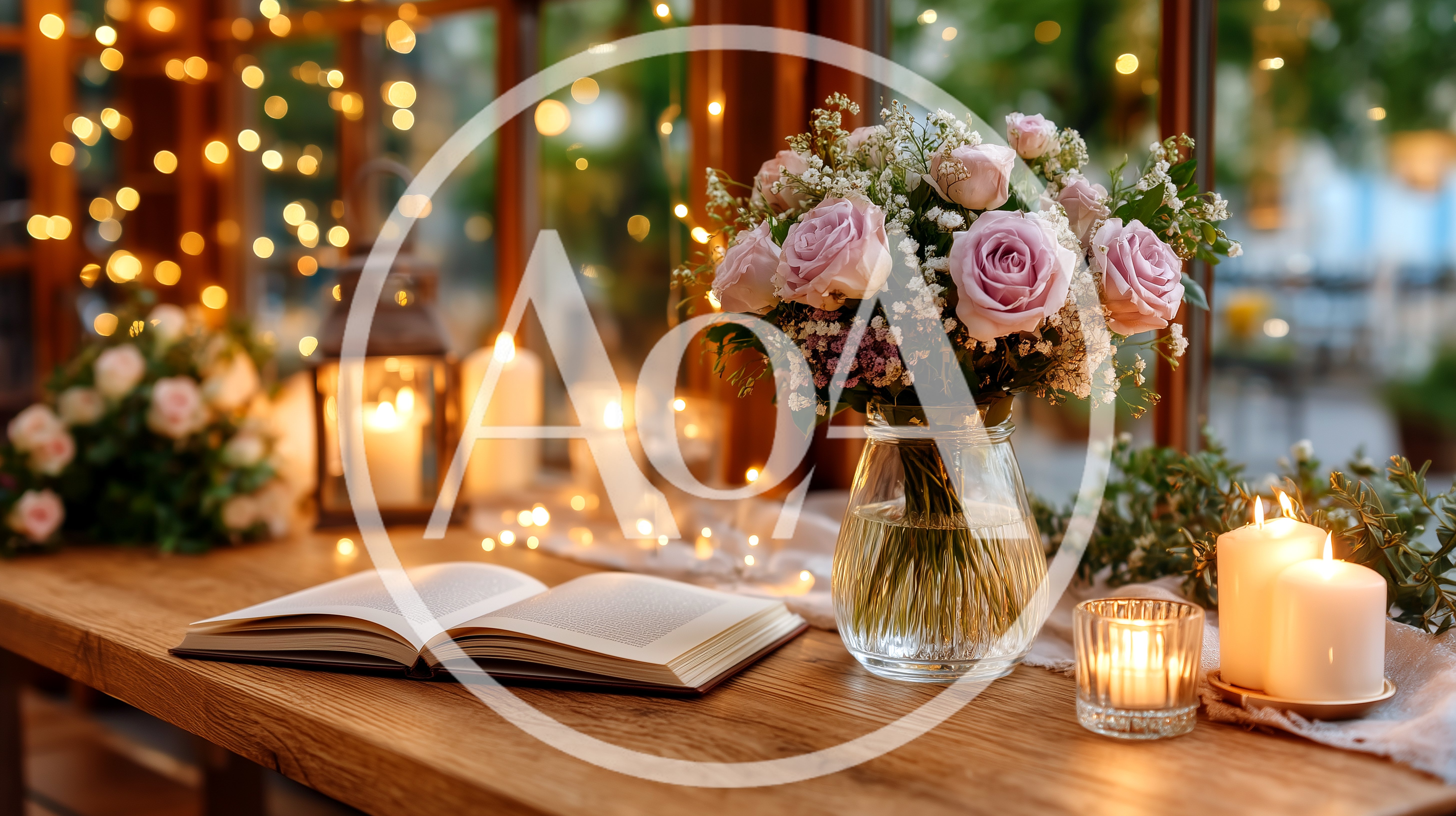 Open Book and Flower Bouquet on Wooden Table