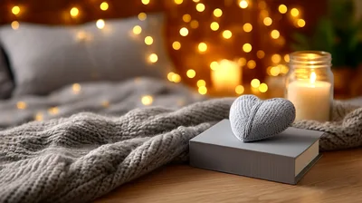 Cozy Bedroom Setting With Knitted Heart And Candle