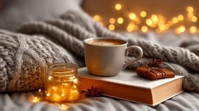 Cozy Morning Coffee With Book And Fairy Lights