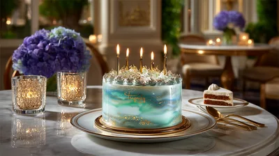 Elegant Birthday Cake With Lit Candles On Marble Table