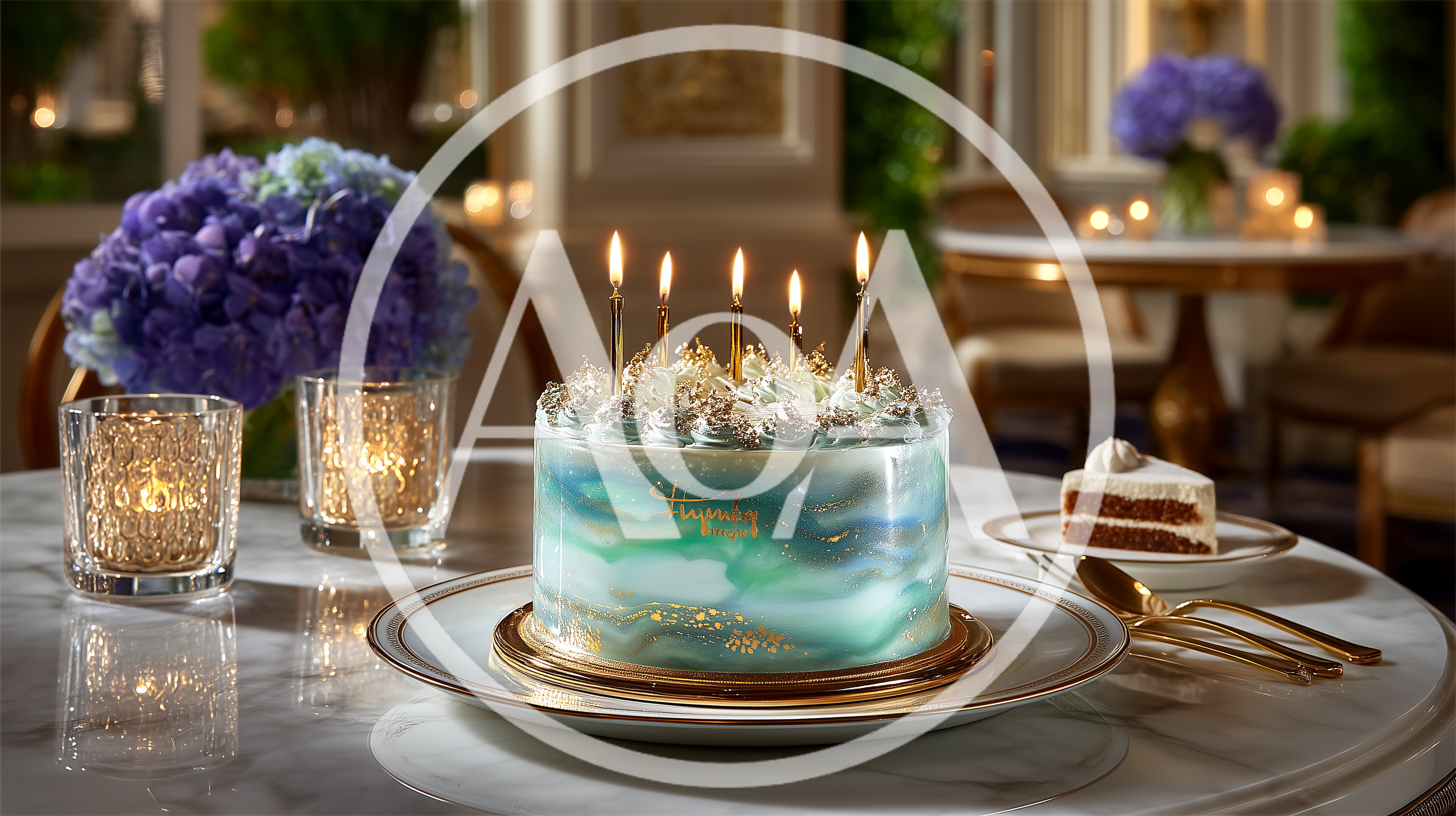 Elegant Birthday Cake With Lit Candles On Marble Table