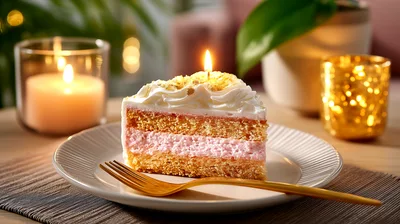 Single Slice Of Birthday Cake With Lit Candle