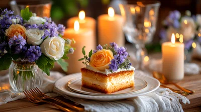 Elegant Dessert Plate With Floral Decoration And Candles
