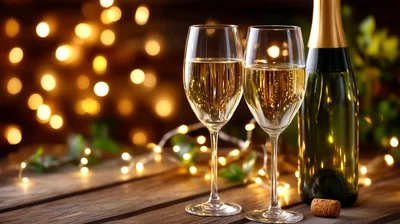 Two Glasses Of Champagne With Bottle And Fairy Lights