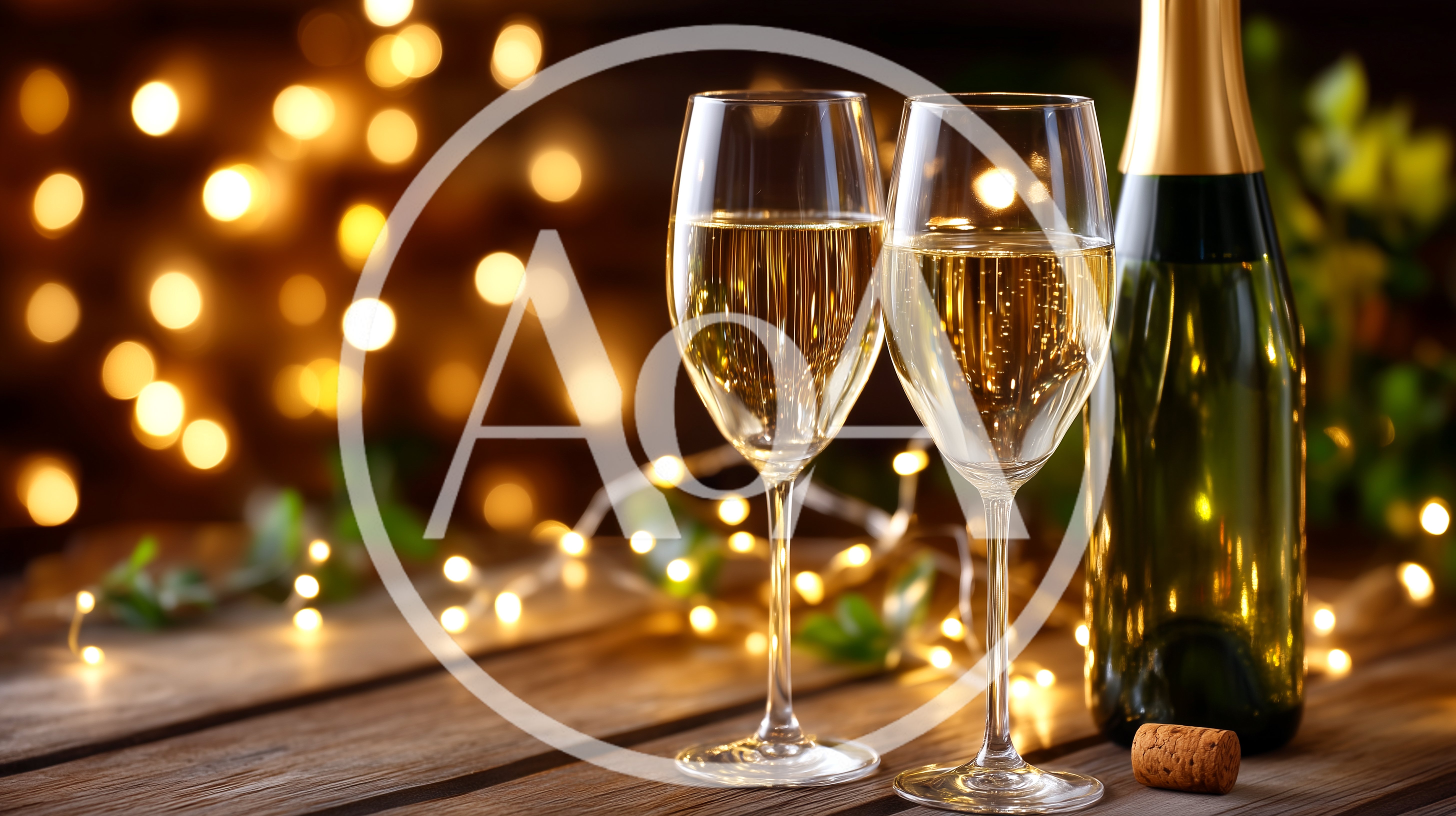 Two Glasses Of Champagne With Bottle And Fairy Lights