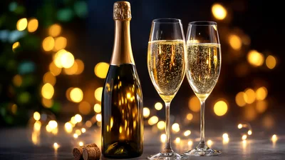 Champagne Bottle And Two Flutes With Bokeh Lights