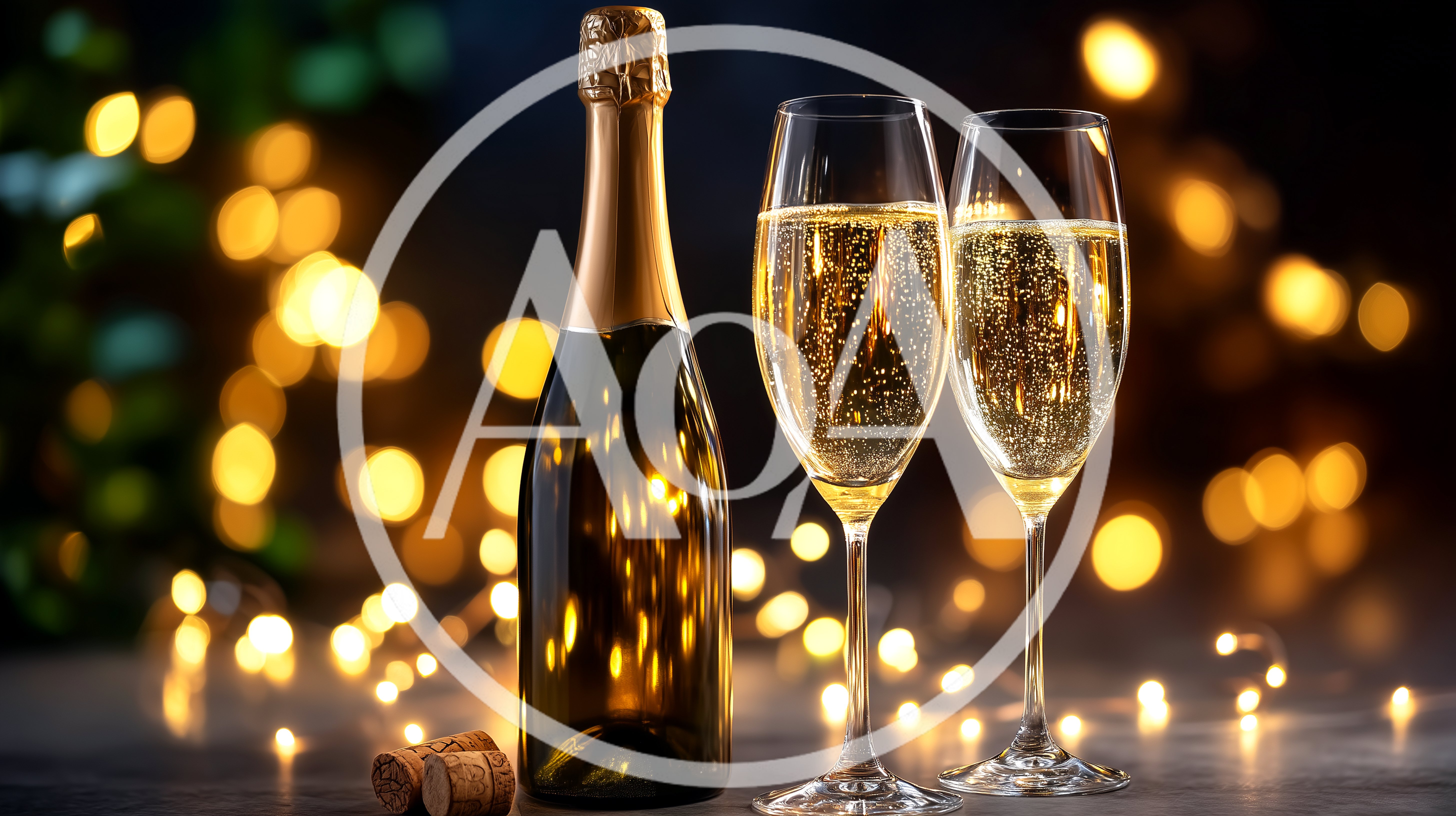 Champagne Bottle And Two Flutes With Bokeh Lights