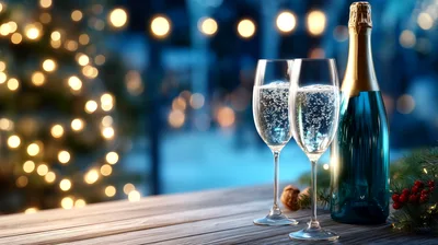 Champagne Glasses And Bottle On A Festive Table