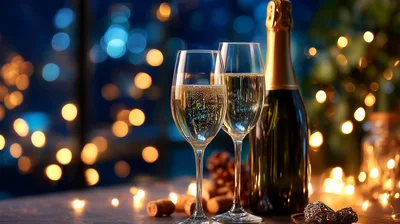 Two Champagne Glasses With Bottle And Festive Lights