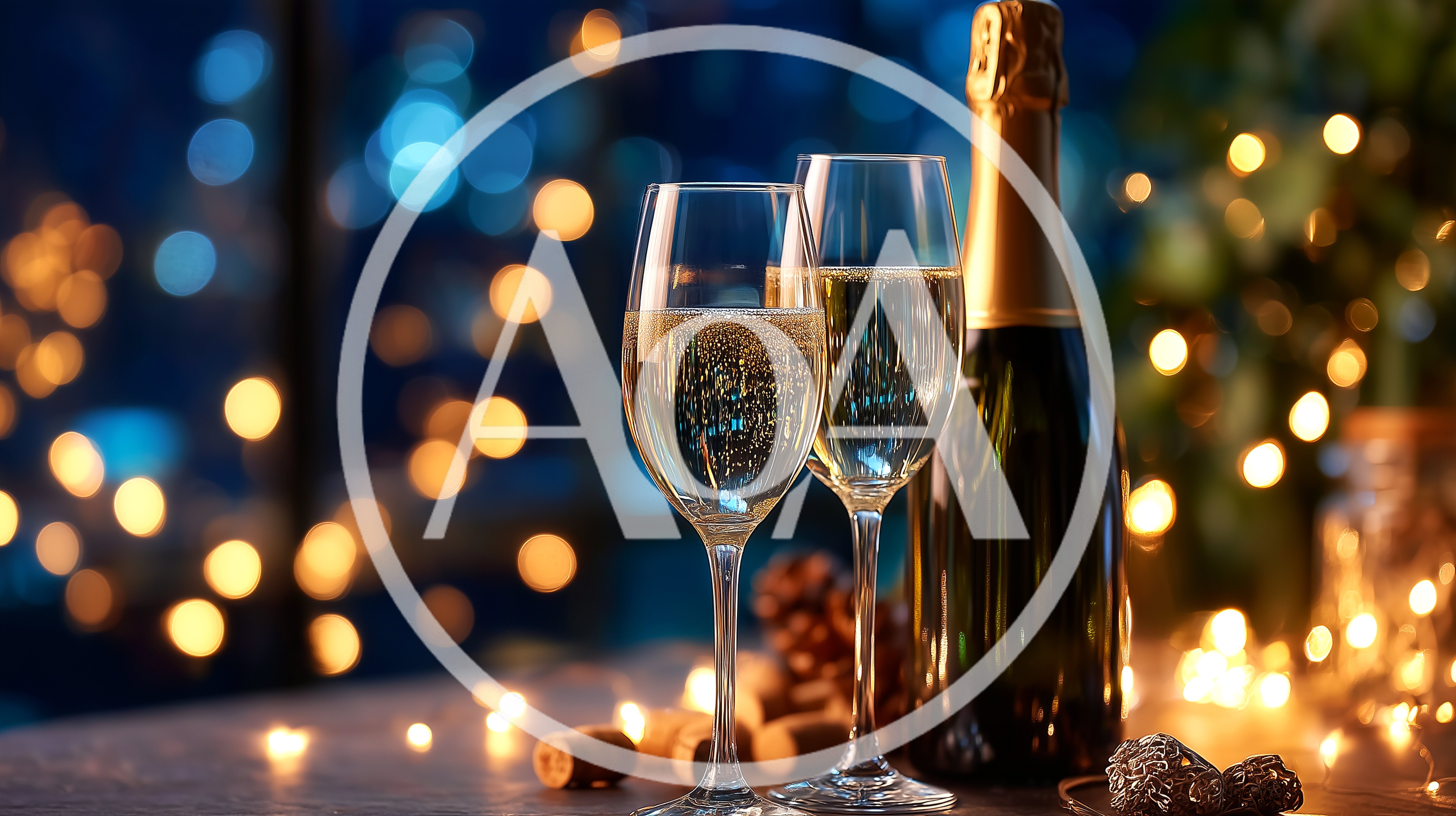 Two Champagne Glasses With Bottle And Festive Lights