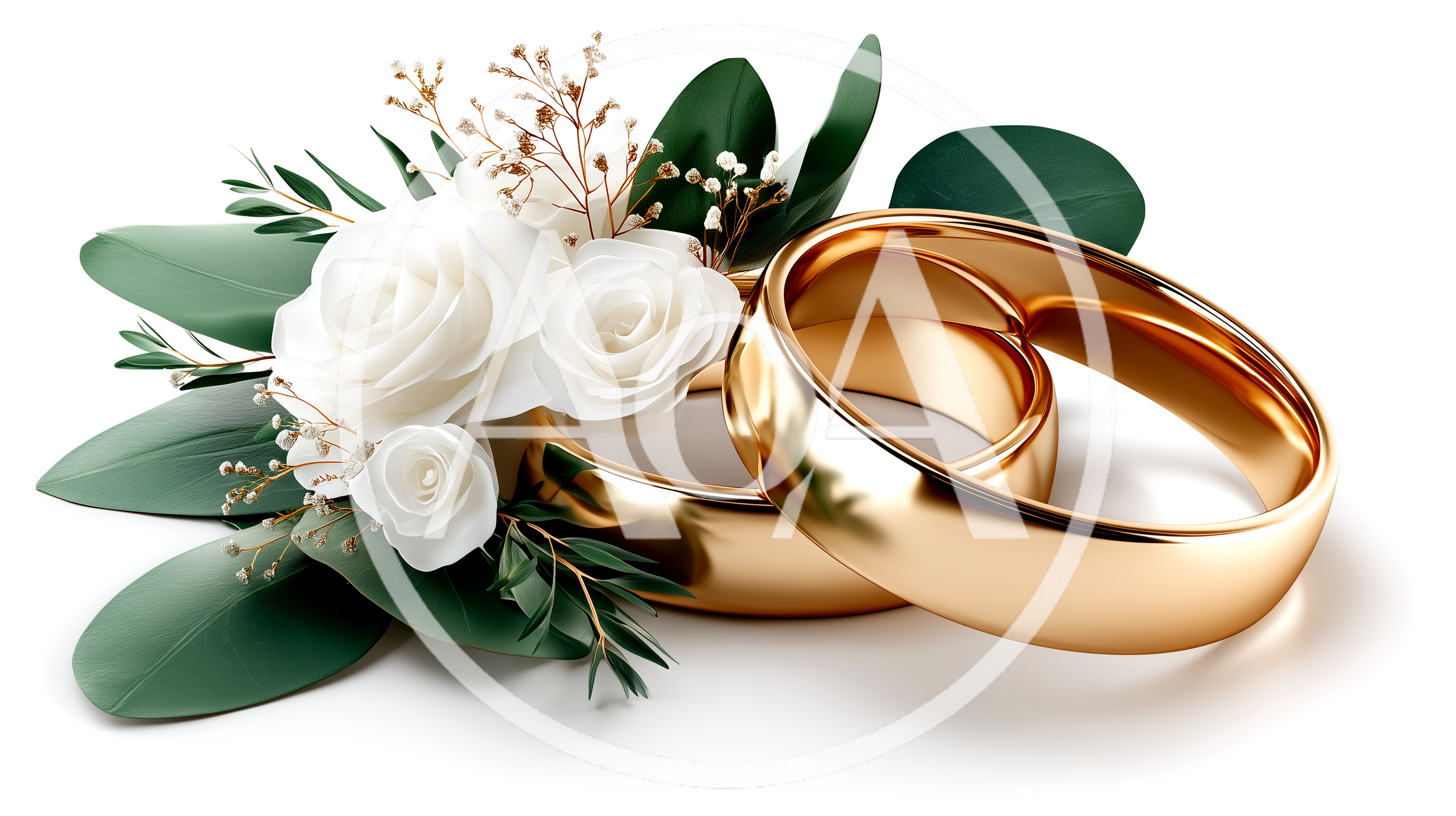 Two Golden Wedding Rings With White Roses