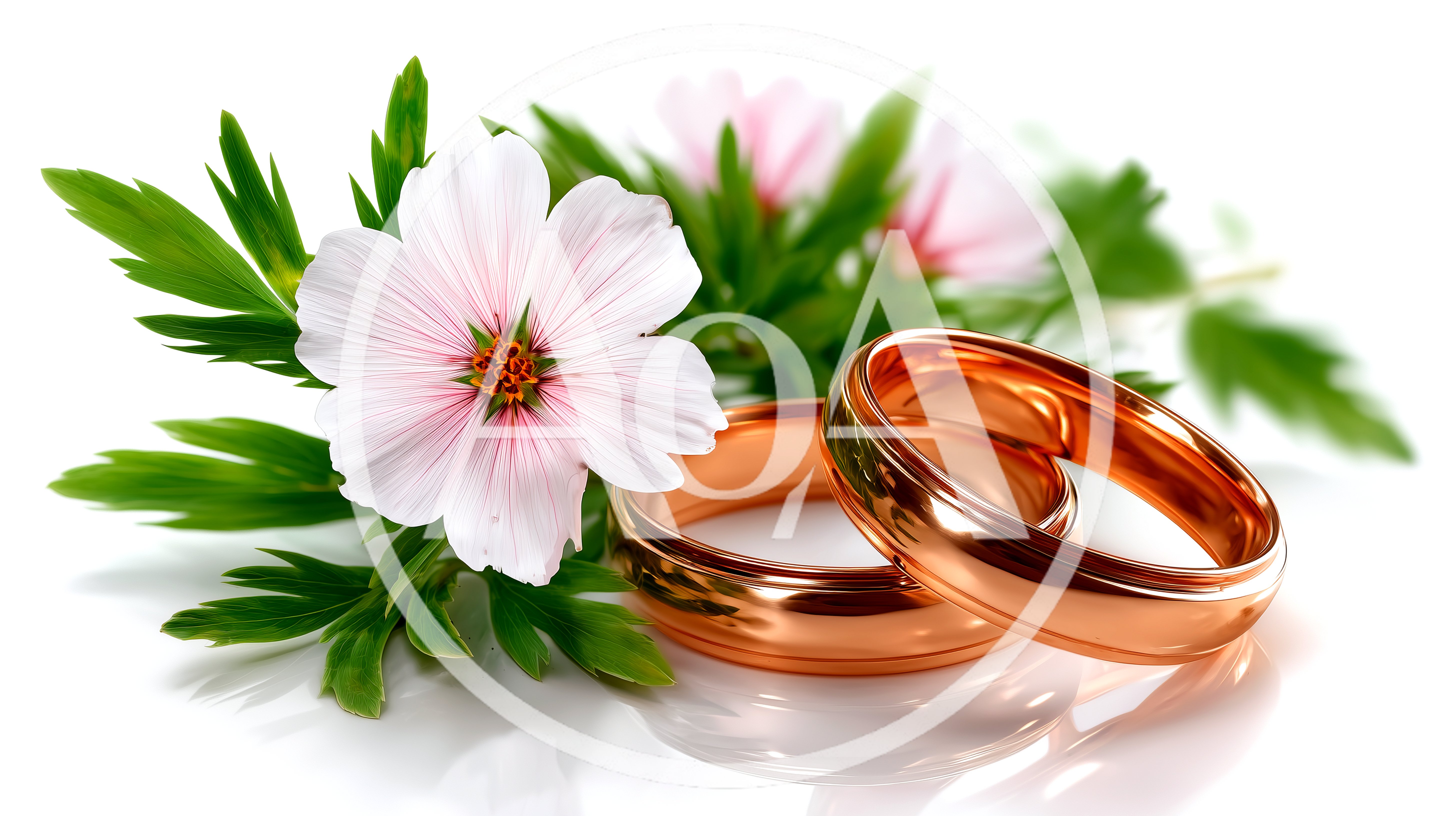 Two Gold Wedding Rings With Pink Flowers
