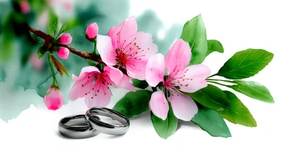 Two Silver Wedding Rings With Pink Cherry Blossoms