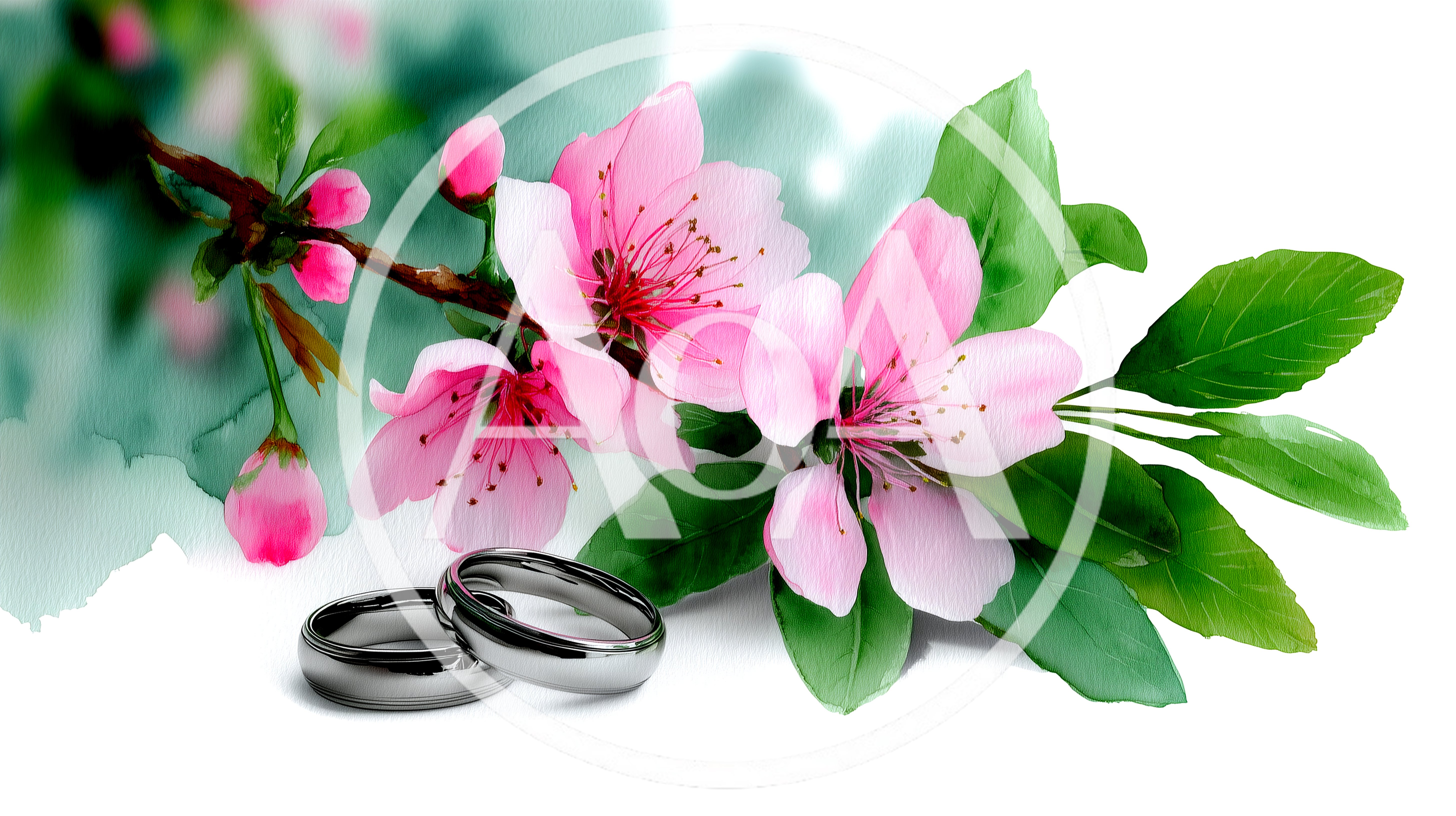 Two Silver Wedding Rings With Pink Cherry Blossoms