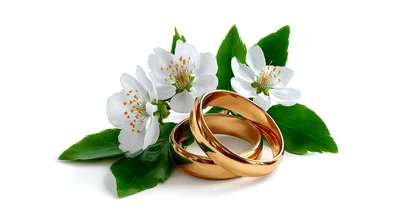 Two Golden Wedding Rings With White Cherry Blossoms