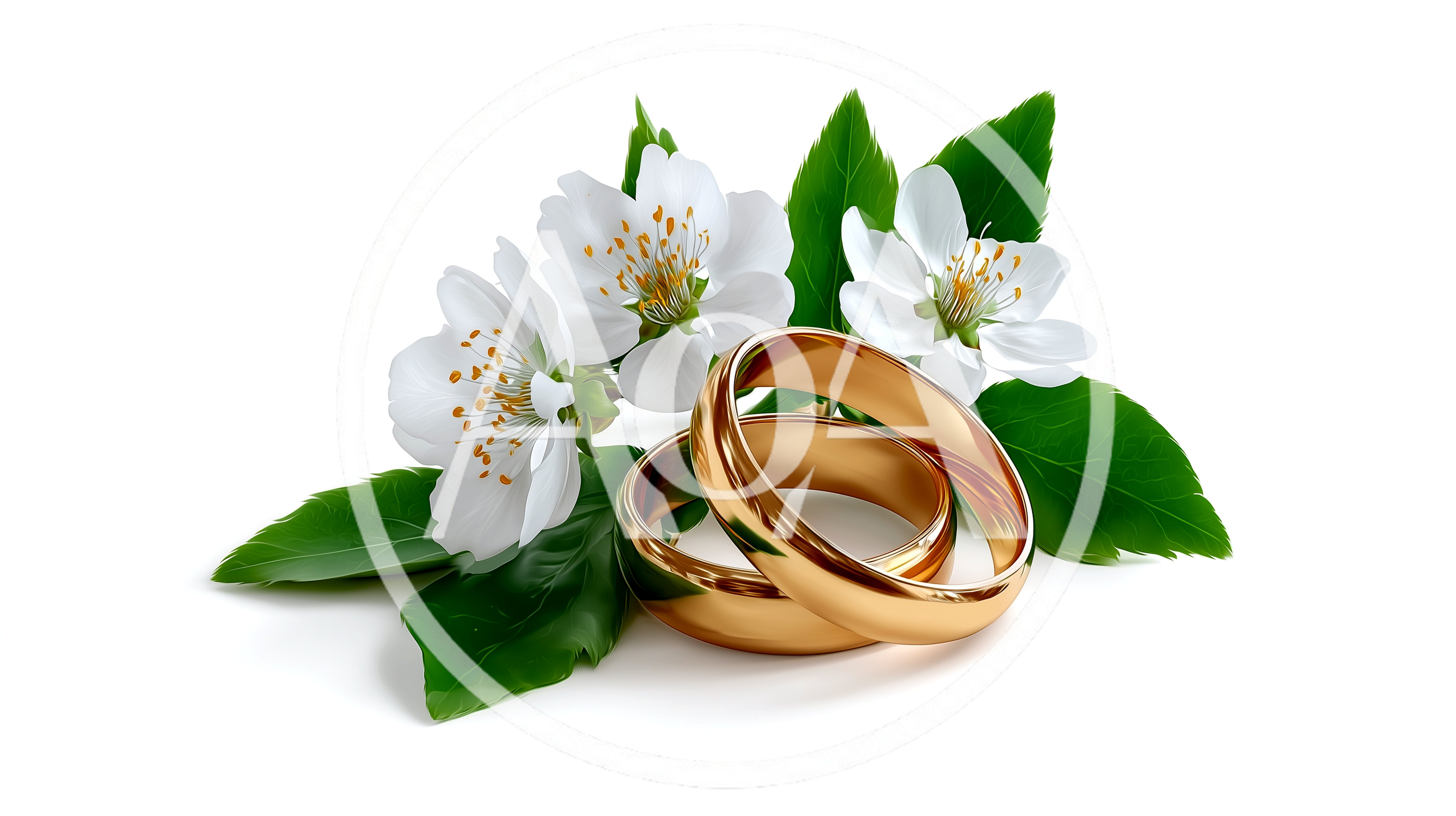 Two Golden Wedding Rings With White Cherry Blossoms