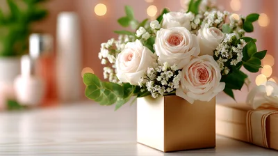 Elegant White Rose Bouquet In Gold Box