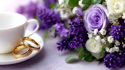 Wedding Rings Beside A Cup And Floral Bouquet