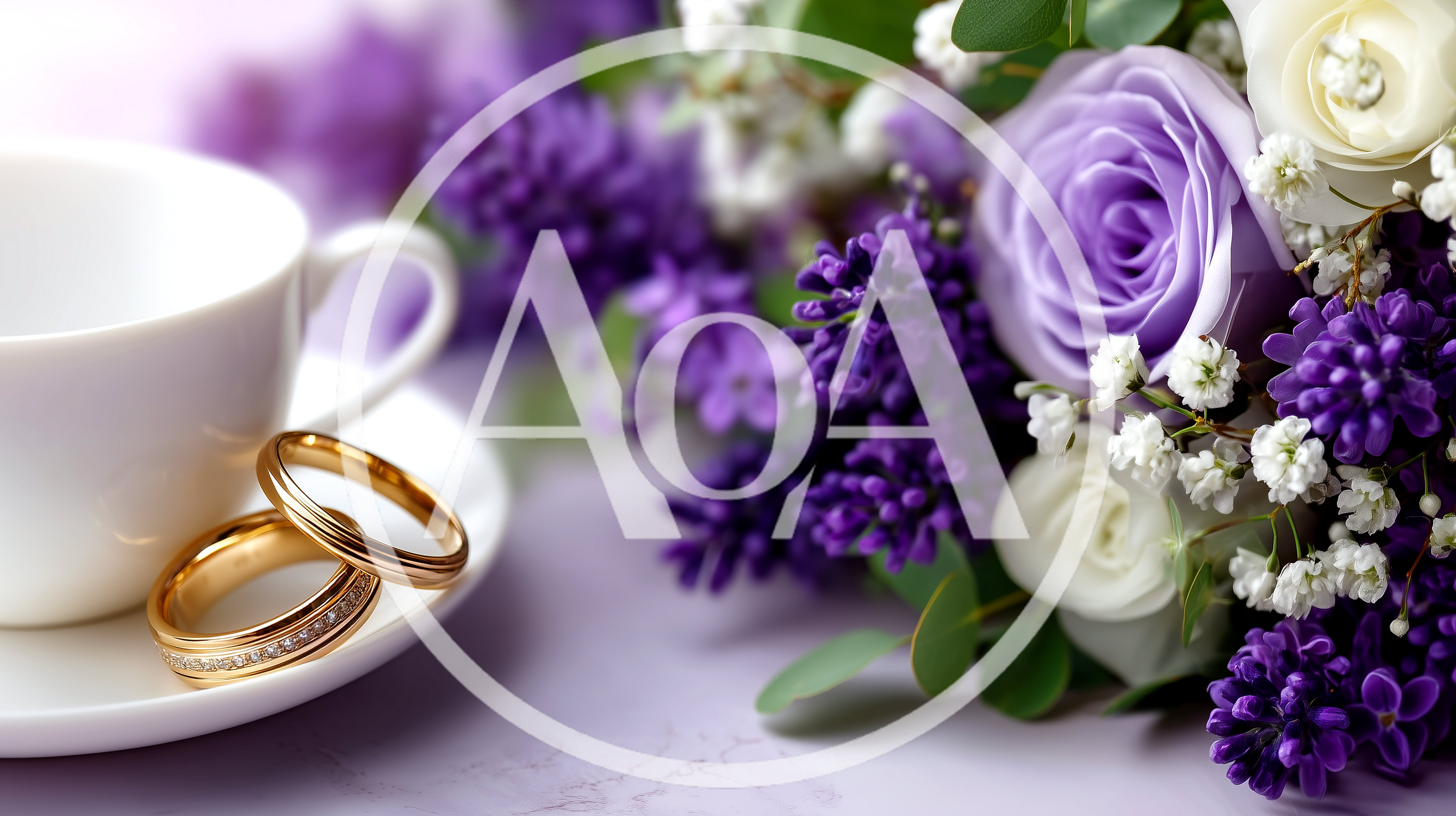 Wedding Rings Beside A Cup And Floral Bouquet