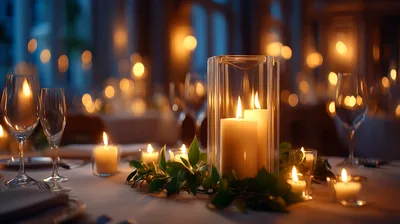 Elegant Candlelit Dinner Table Setting With Glass Votives