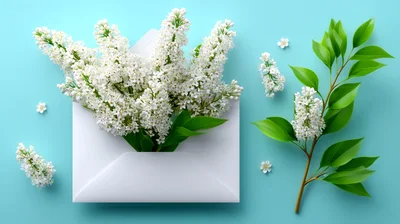 White Lilac Flowers Emerging From A White Envelope