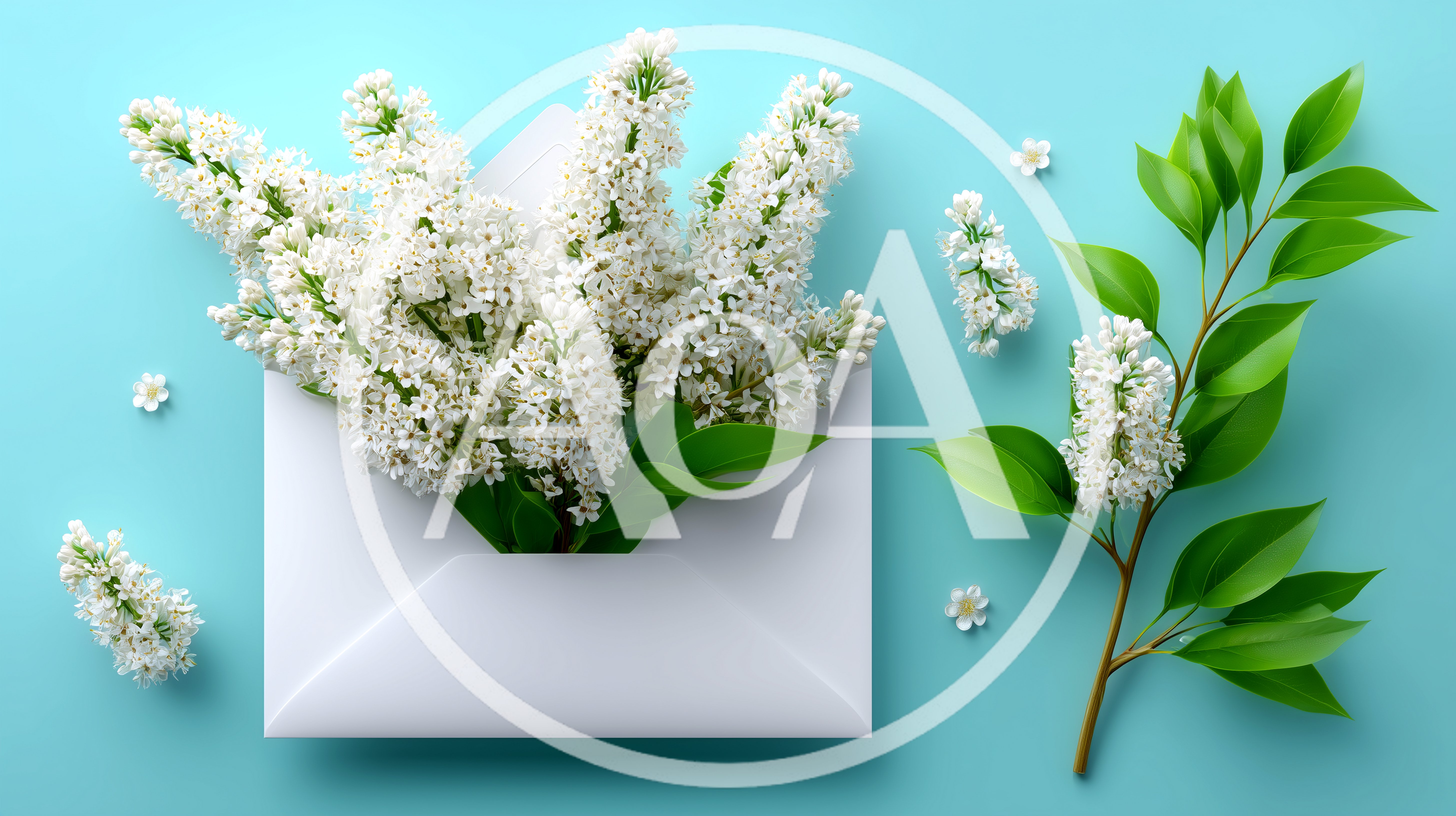 White Lilac Flowers Emerging From A White Envelope
