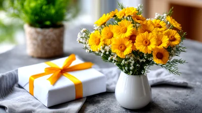 Yellow Daisy Bouquet With Gift Box On Table