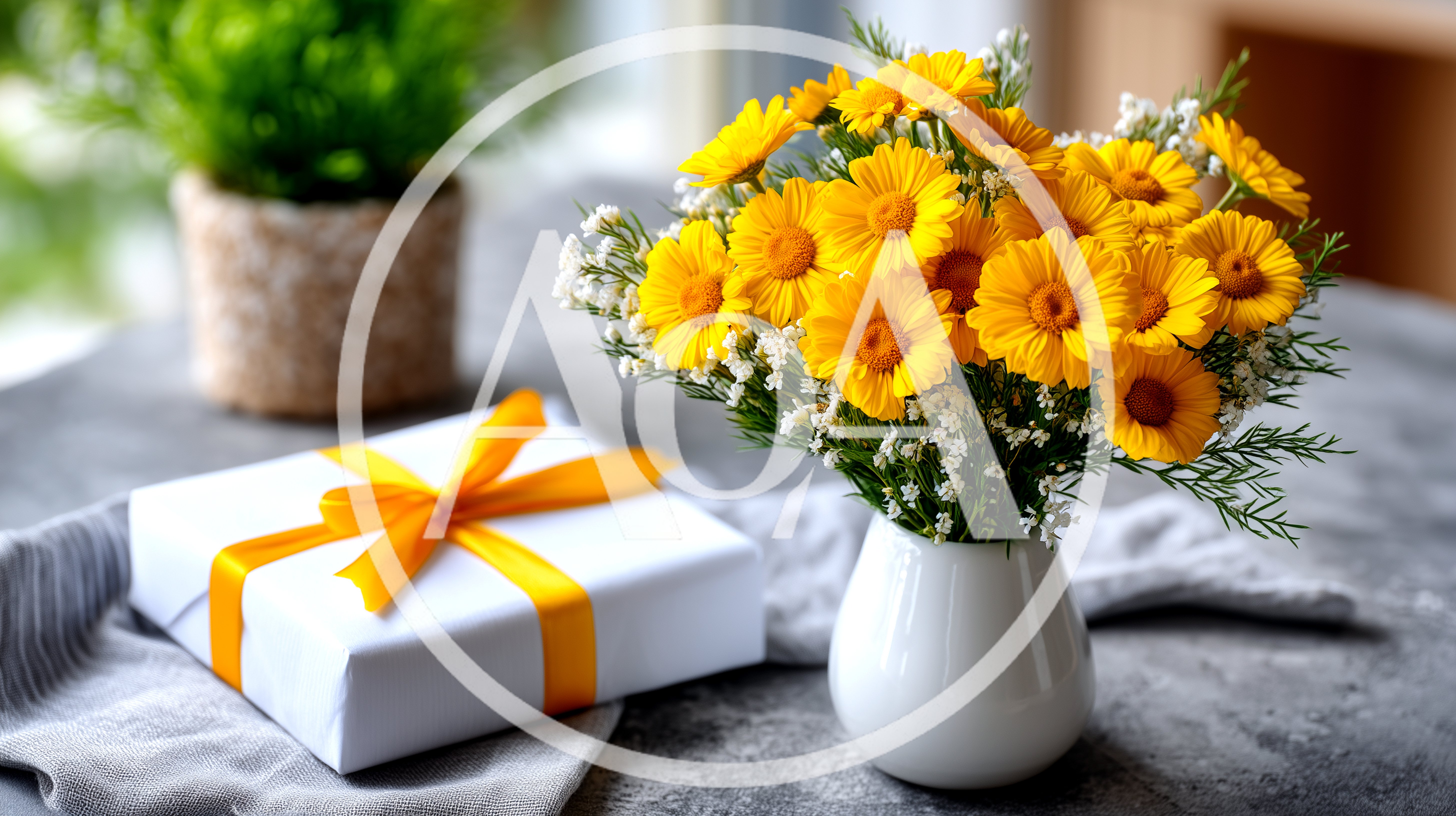Yellow Daisy Bouquet With Gift Box On Table