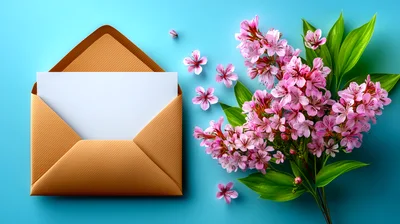 Open Envelope With Blank Note And Pink Flowers
