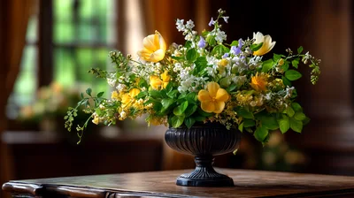 Elegant Floral Arrangement In A Classic Black Urn