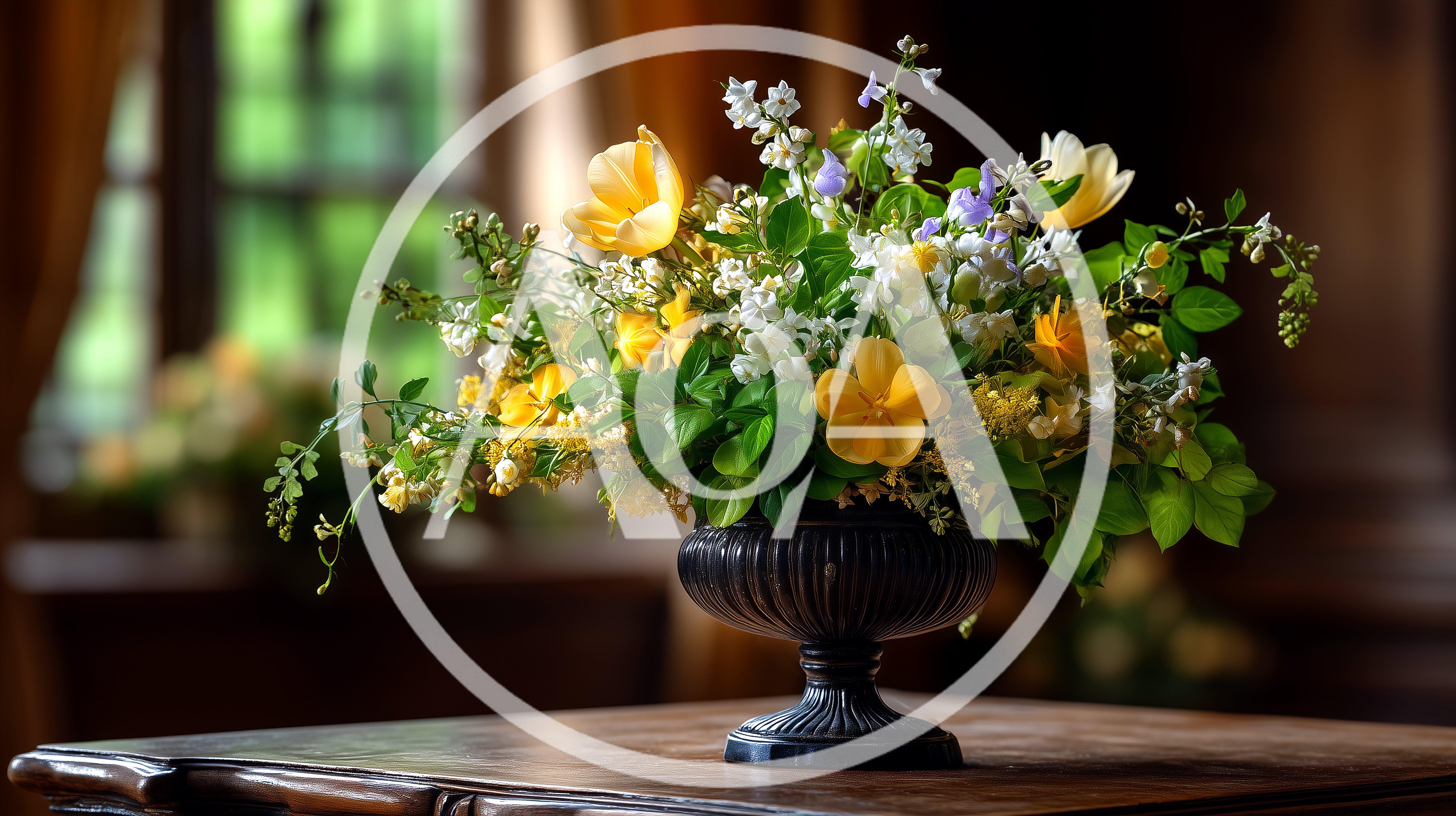 Elegant Floral Arrangement In A Classic Black Urn