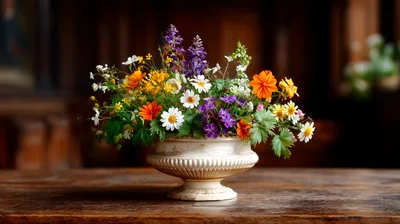 Wildflower Bouquet In An Antique Ceramic Urn