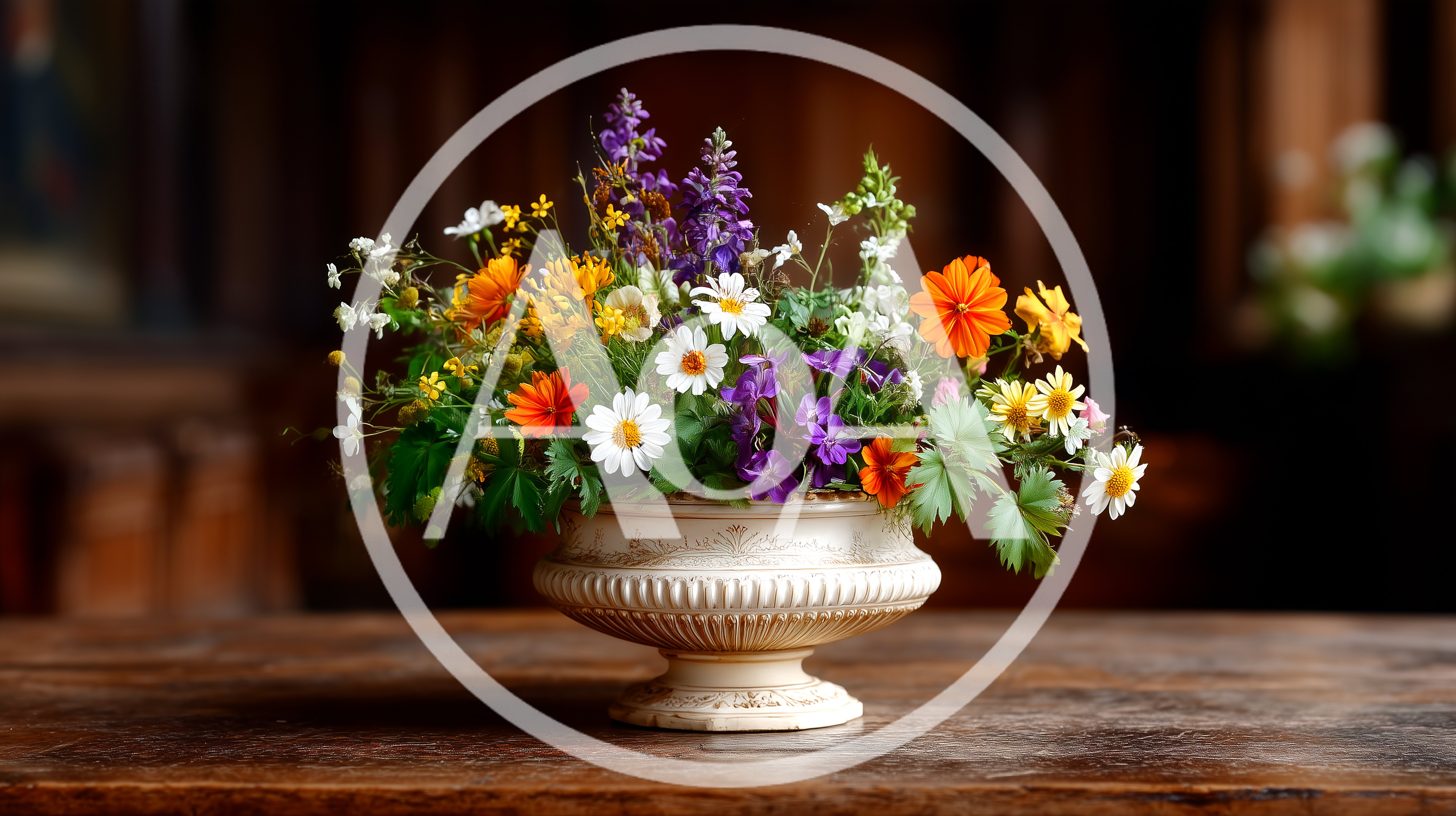 Wildflower Bouquet In An Antique Ceramic Urn