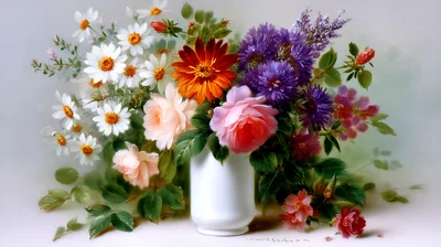 Still Life Painting Of A Floral Bouquet In Vase