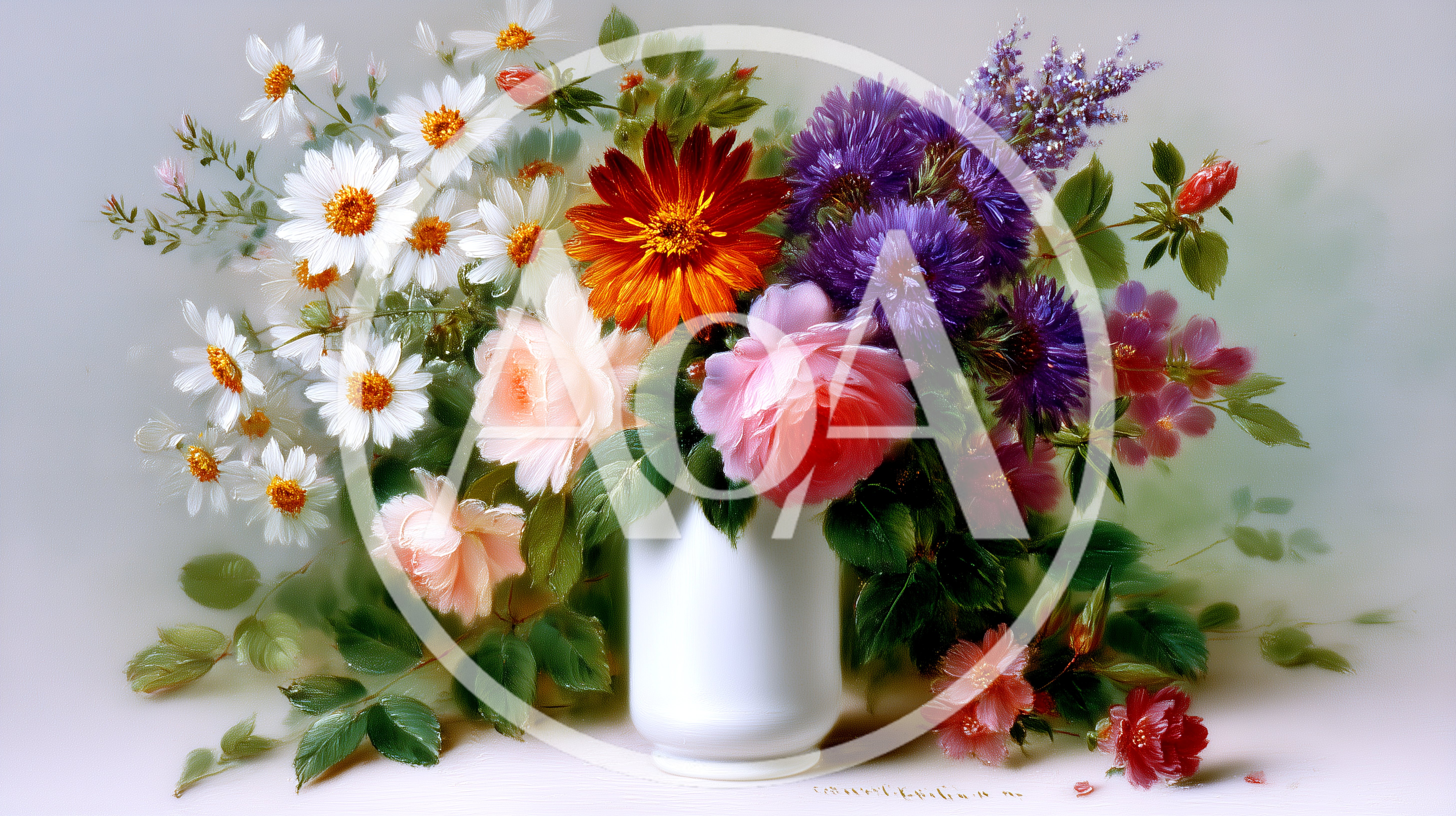 Still Life Painting Of A Floral Bouquet In Vase