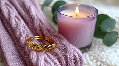 Gold Leaf Bracelet Resting On A Knitted Scarf