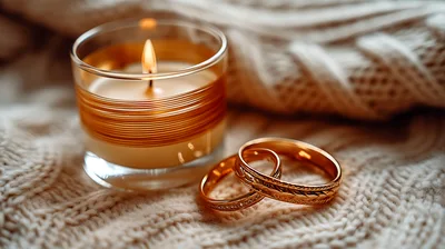Two Gold Wedding Rings Beside A Lit Candle