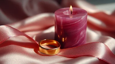 Gold Wedding Ring Beside A Lit Purple Candle